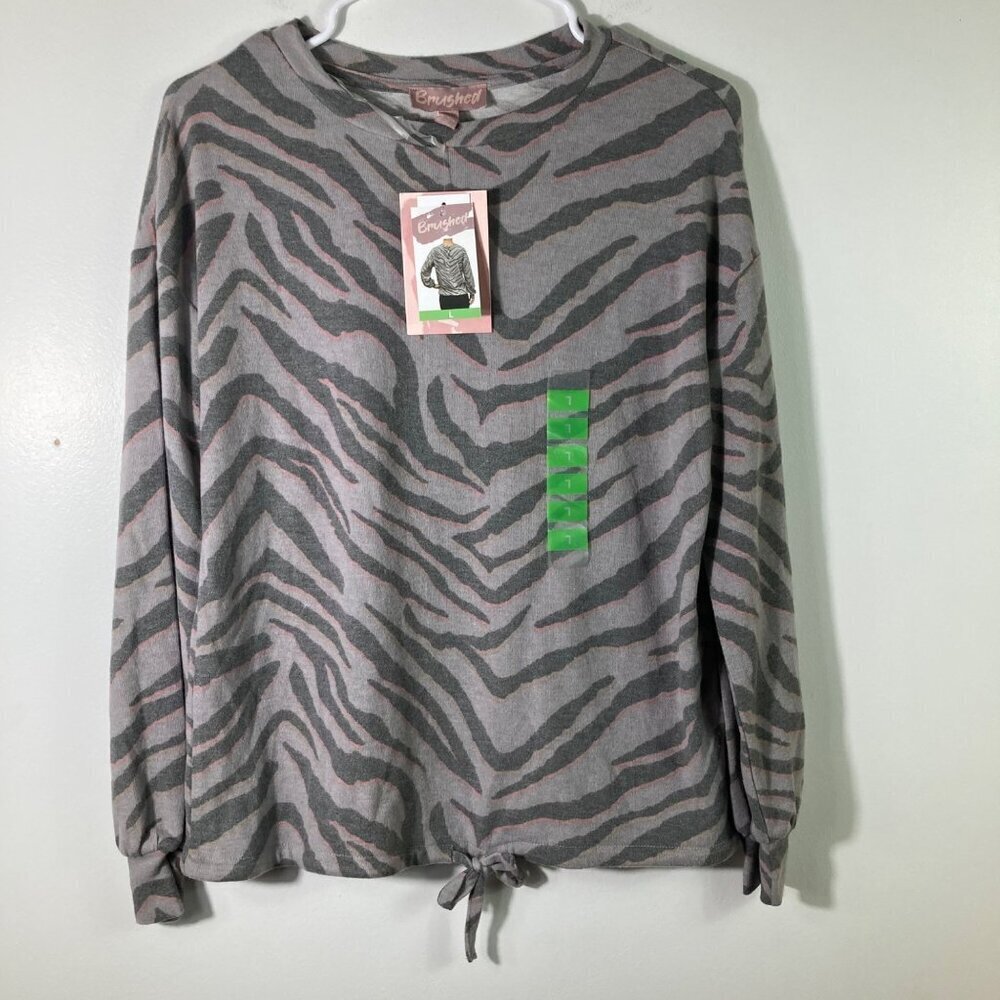 Womens Brushed‎ Sweatshirt Animal Print Ash Combo Dark Gray Pink L NWT #5